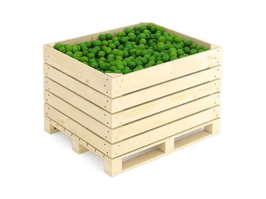 Container din lemn cu mere verzi